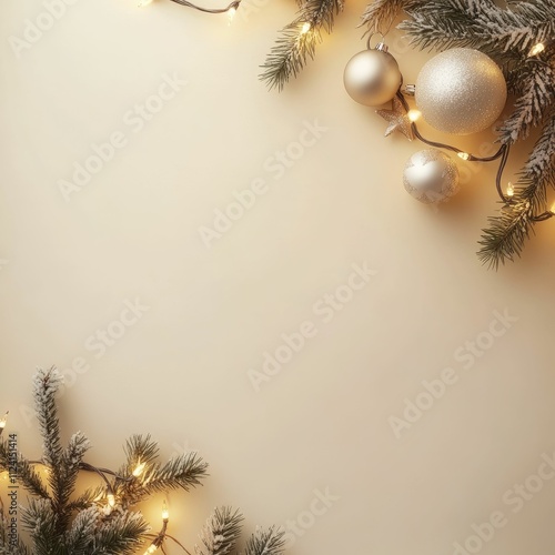 A festive arrangement featuring silver ornaments, evergreen branches, and glowing lights set against a neutral background, perfect for holiday decor.
