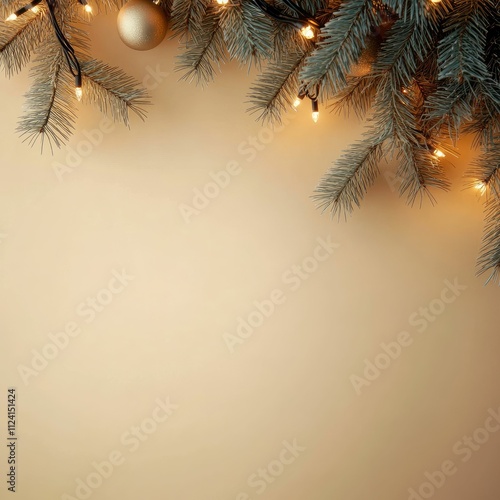 A cozy holiday scene featuring evergreen branches adorned with warm lights and ornaments against a soft beige background.