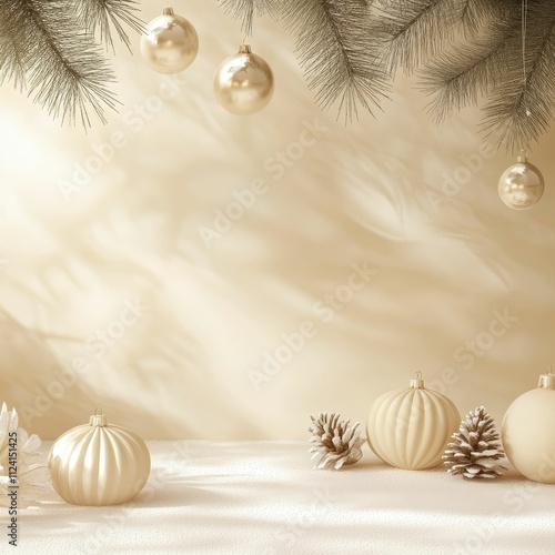 A serene holiday scene featuring decorative ornaments, elegant pumpkins, and pinecones against a soft, neutral background.