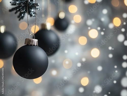 A serene close-up of black Christmas ornaments hanging against a softly blurred background of warm lights and gentle snowfall.