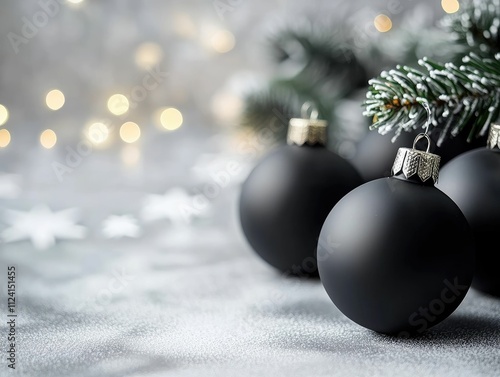A close-up of elegant black Christmas ornaments resting on a snowy surface, surrounded by soft bokeh lights and pine branches, evoking a festive atmosphere.
