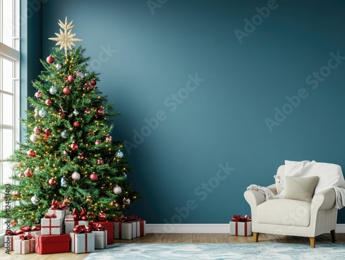 A cozy holiday scene featuring a decorated Christmas tree with presents and a comfortable armchair against a blue wall.