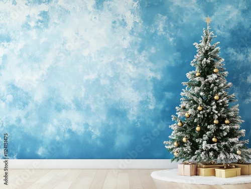 A beautifully decorated Christmas tree adorned with golden ornaments stands against a serene blue wall, creating a festive atmosphere.