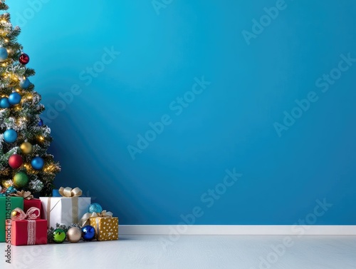 A festive Christmas tree adorned with colorful ornaments stands beside neatly wrapped gifts against a vibrant blue wall.