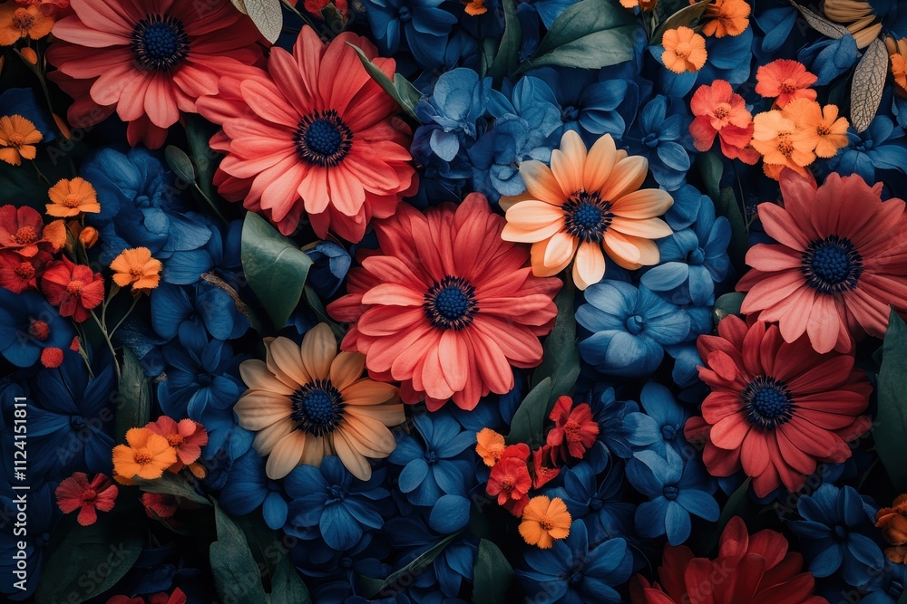 Vibrant close-up of red, orange, and blue flowers. Perfect for designs needing a floral, spring, or summer feel. Vibrant close-up of red, orange, and blue flowers. Perfect for designs needing a floral, spring, or summer feel.