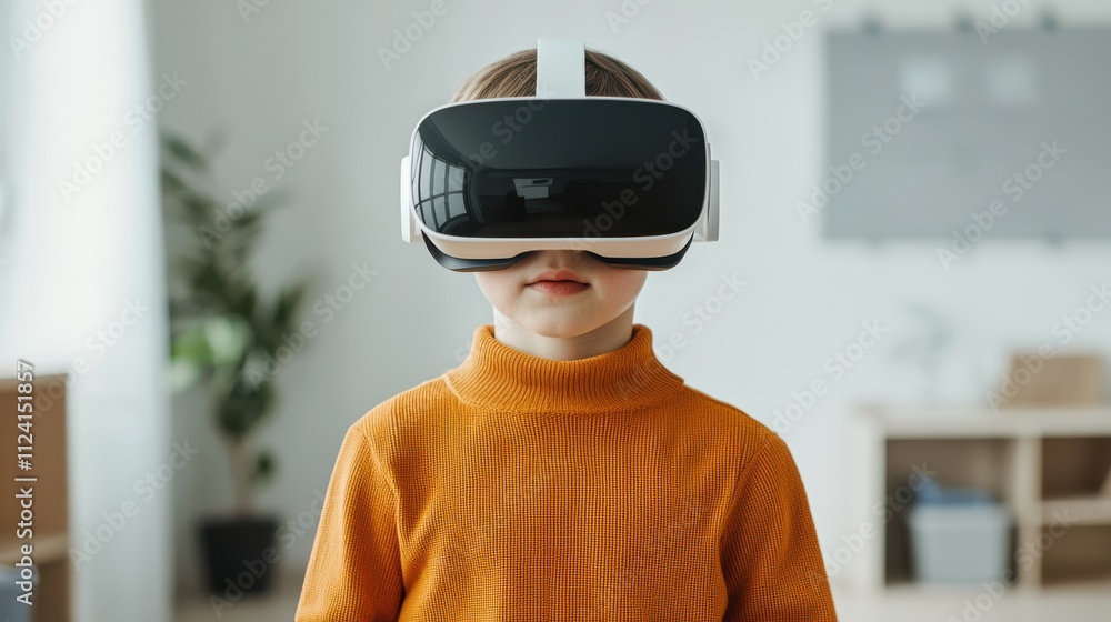 child wearing virtual reality headset in bright room, exploring technology with curiosity and excitement. environment is modern and inviting, enhancing immersive experience child wearing virtual reality headset in bright room, exploring technology with curiosity and excitement. environment is modern and inviting, enhancing immersive experience