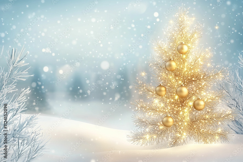 A realistic Christmas background featuring a snowy winter landscape with a golden A realistic Christmas background featuring a snowy winter landscape with a golden