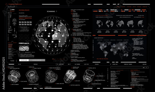 HUD interface, futuristic cyberspace dashboard with 3D elements and online scanning earth globe. Military security system HUD, dashboard screen tracking system, UI, UX, GUI Sci-fi elements. Vector