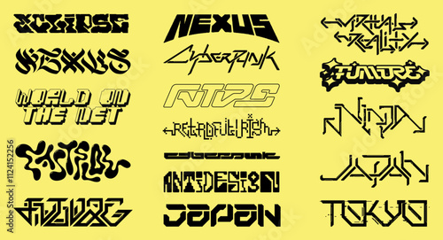 Modern stylish inscriptions, slogans, futuristic lettering, modern calligraphy, digital art. Futuristic y2k inscriptions for clothing design, logo, typography. Vector typeface, digital lettering art