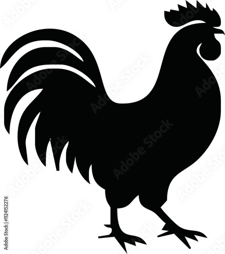 Rooster crowing, Basic simple Minimalist vector graphic, isolated on white background, black and white