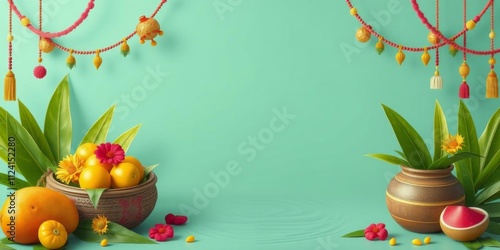Wallpaper Mural 3D render of vibrant Pongal festival background with fruit and clipart elements, water-filled pot, coconut leaf decorations, and round frame, clipart, decorations, fruits Torontodigital.ca