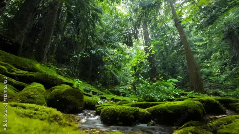 Footsteps on Moss-Covered Forest Floor with Tropical Foliage Footsteps on Moss-Covered Forest Floor with Tropical Foliage