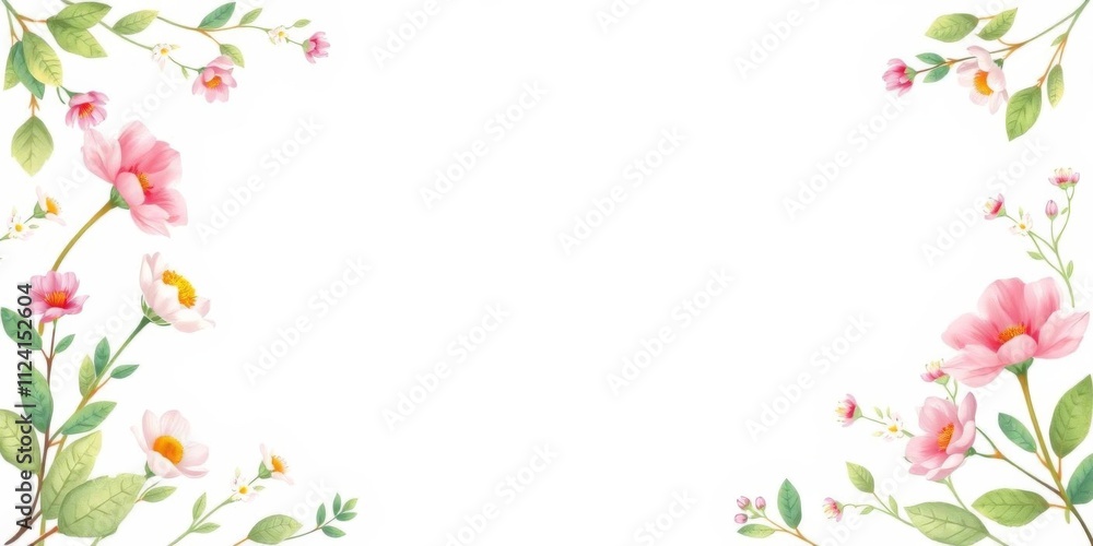 A beautiful spring floral frame composed of pastel-colored flowers and green leaves, creating a border with blank space in the center for text or graphics, invitation, background, design