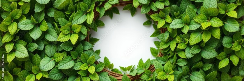 A beautiful wreath of green leaves surrounding a central space for text, perfect for nature-themed designs, eco-friendly, environment, wreath A beautiful wreath of green leaves surrounding a central space for text, perfect for nature-themed designs, eco-friendly, environment, wreath