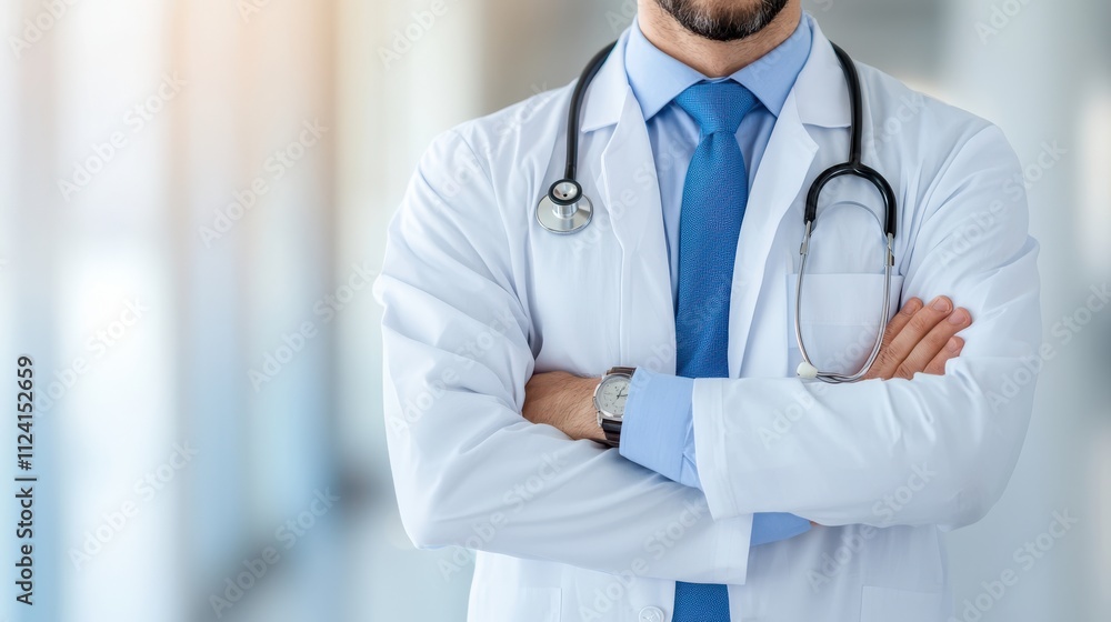 Healthcare professional in white coat with stethoscope, arms crossed, conveying confidence and authority in clinical setting Healthcare professional in white coat with stethoscope, arms crossed, conveying confidence and authority in clinical setting