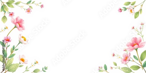 A beautiful spring floral frame composed of pastel-colored flowers and green leaves, creating a border with blank space in the center for text or graphics, invitation, background, design