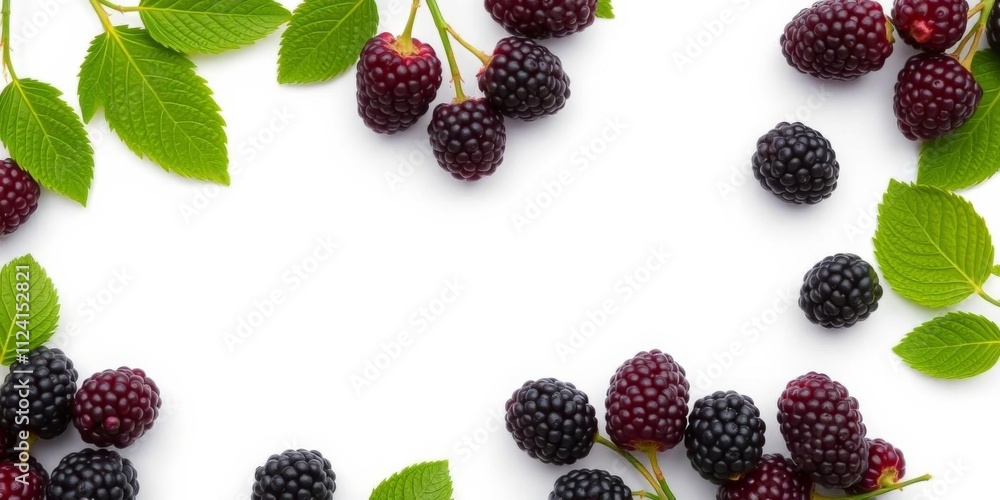 A circular frame made of fresh blackberries on a white background with empty space in the middle, white background, copy space, delicious A circular frame made of fresh blackberries on a white background with empty space in the middle, white background, copy space, delicious