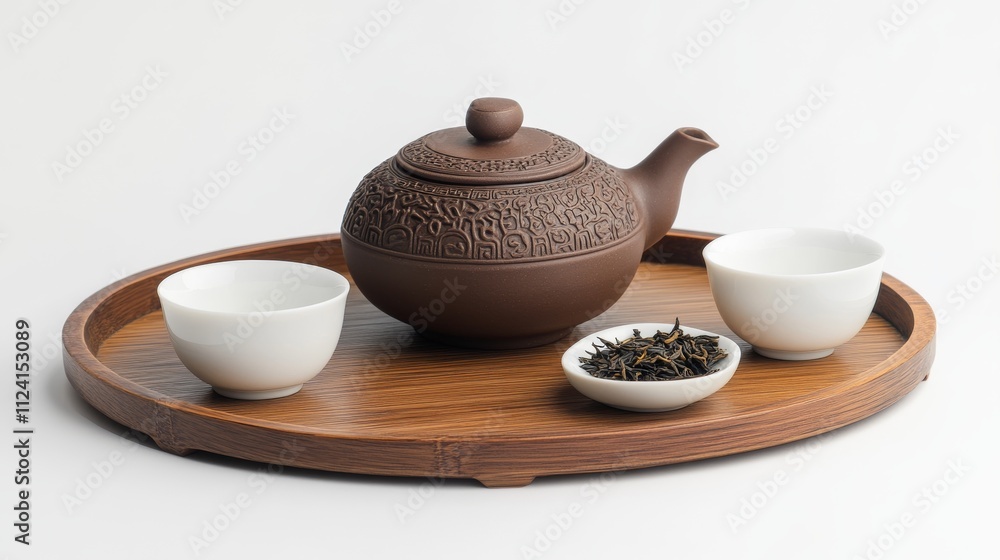 A traditional Chinese tea set arranged on a wooden A traditional Chinese tea set arranged on a wooden
