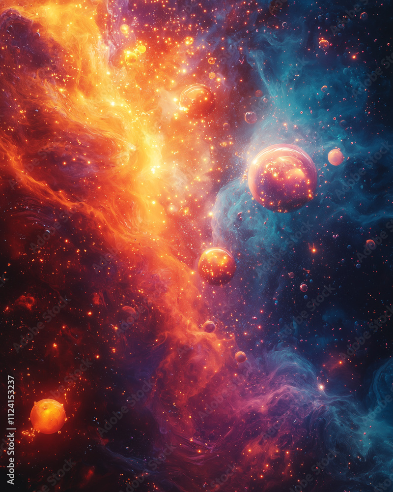 swirling nebula of vibrant reds and blues, dotted with glowing orbs in a cosmic abstract landscape swirling nebula of vibrant reds and blues, dotted with glowing orbs in a cosmic abstract landscape