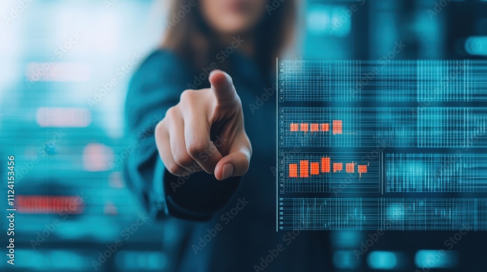 A person points at a digital interface, showcasing data visualization and technology. A person points at a digital interface, showcasing data visualization and technology.