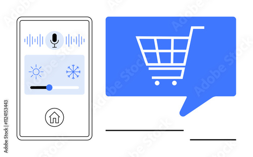 AI voice assistant on smartphone screen adjusts home settings with mic icon, sun, snowflake symbols, and slider. Blue speech bubble with shopping cart icon. Ideal for smart technology, AI, home