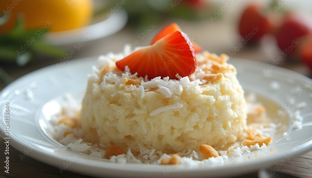 Bright and Fluffy Traditional Filipino Puto Topped with Coconut and Fruits Bright and Fluffy Traditional Filipino Puto Topped with Coconut and Fruits