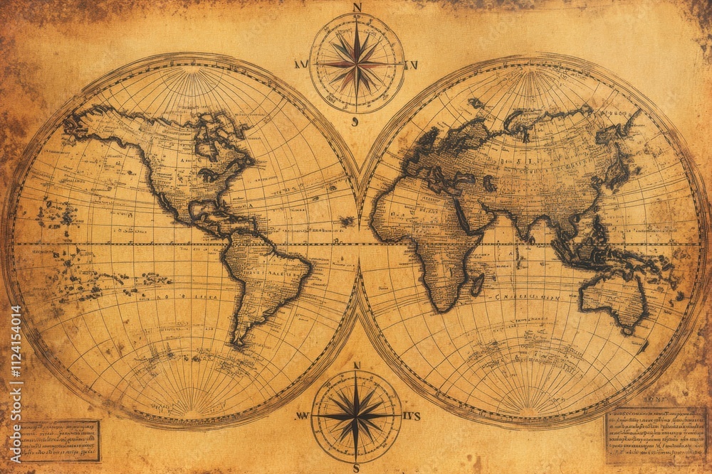 Obraz premium Exploring vintage world maps intricate details and historical significance global context artistic representation aesthetic environment top-down view timeless concepts