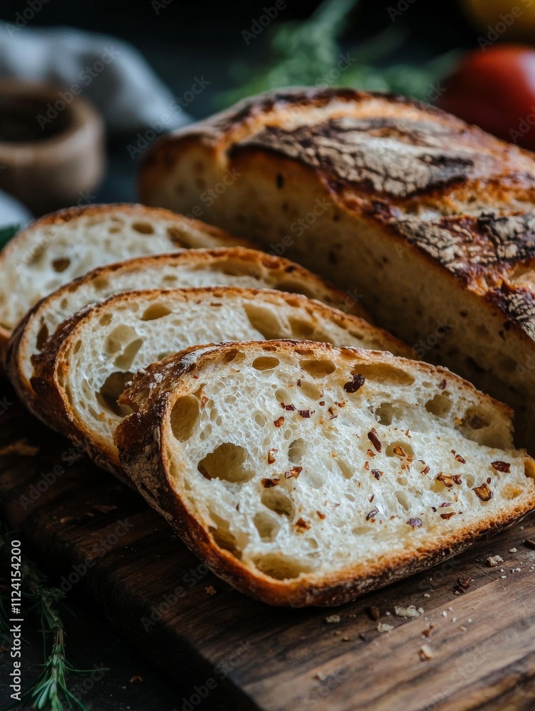 Freshly sliced artisanal bread sits on a wooden board, showcasing its crusty exterior and soft, airy interior, perfect for toasting or sandwiches. Freshly sliced artisanal bread sits on a wooden board, showcasing its crusty exterior and soft, airy interior, perfect for toasting or sandwiches.