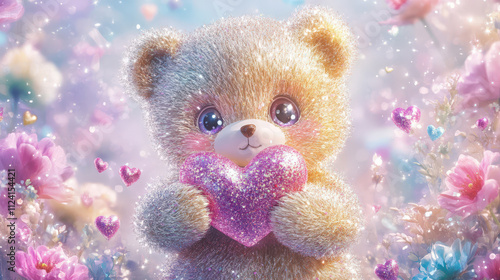 Cute and Adorable Teddy Bear Holding a Heart in a Colorful Flower Garden with Glitter and Magical Light Effects