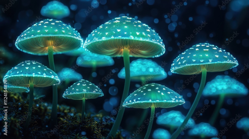 Fototapeta premium Here's a description and keywords for your image.. Glowing bioluminescent mushrooms in a dark forest at night.