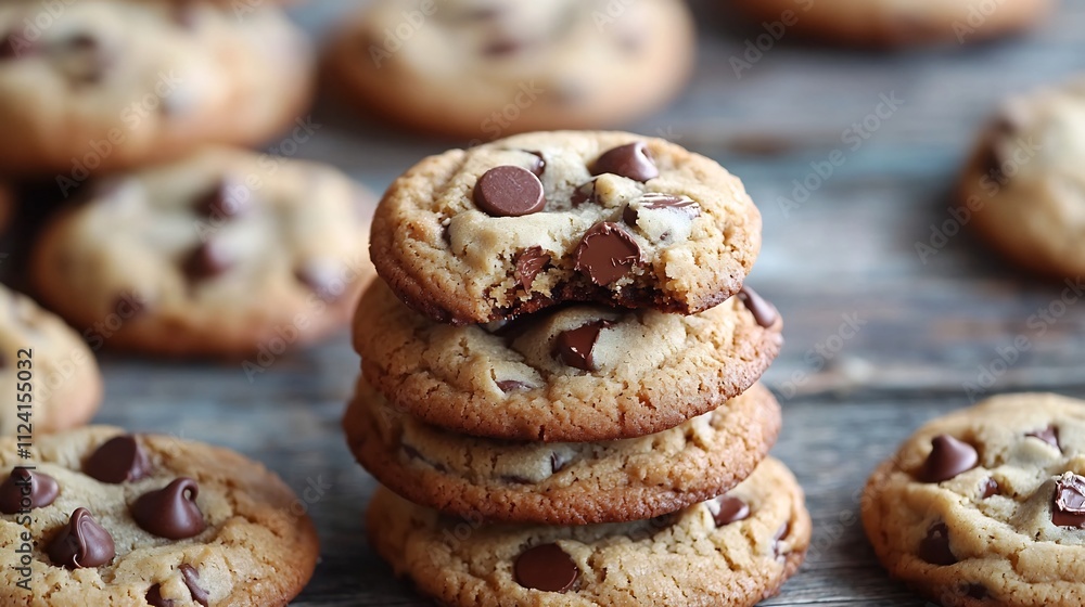 A Tempting Tower of Homemade Chocolate Chip Cookies on Rustic Wooden Surface A Tempting Tower of Homemade Chocolate Chip Cookies on Rustic Wooden Surface