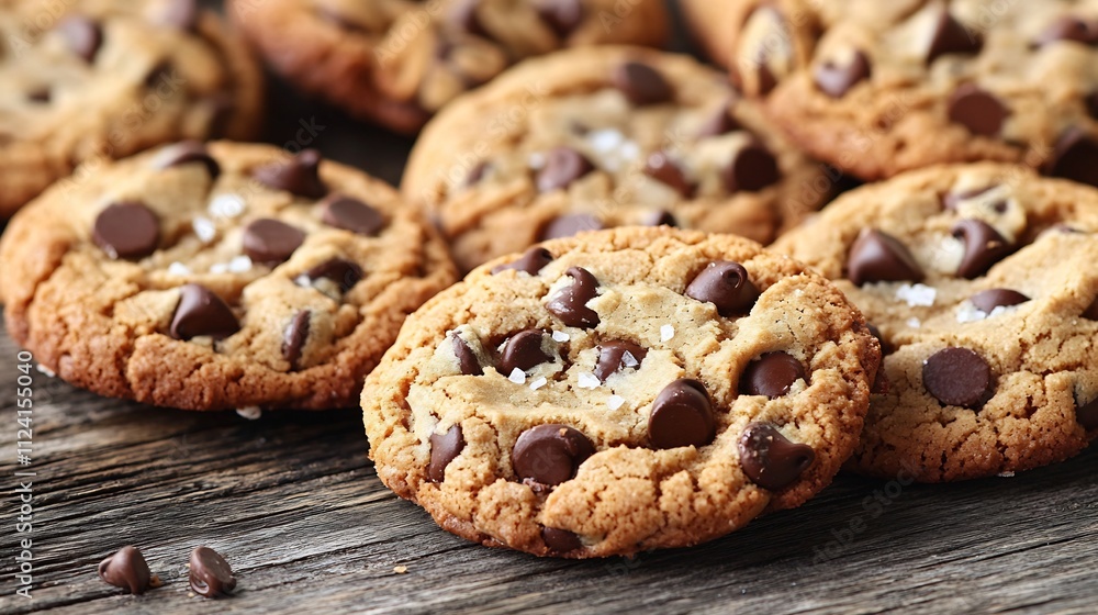 Artisanal Chocolate Chip Cookies Arranged on Weathered Oak Table with Soft Focus Artisanal Chocolate Chip Cookies Arranged on Weathered Oak Table with Soft Focus