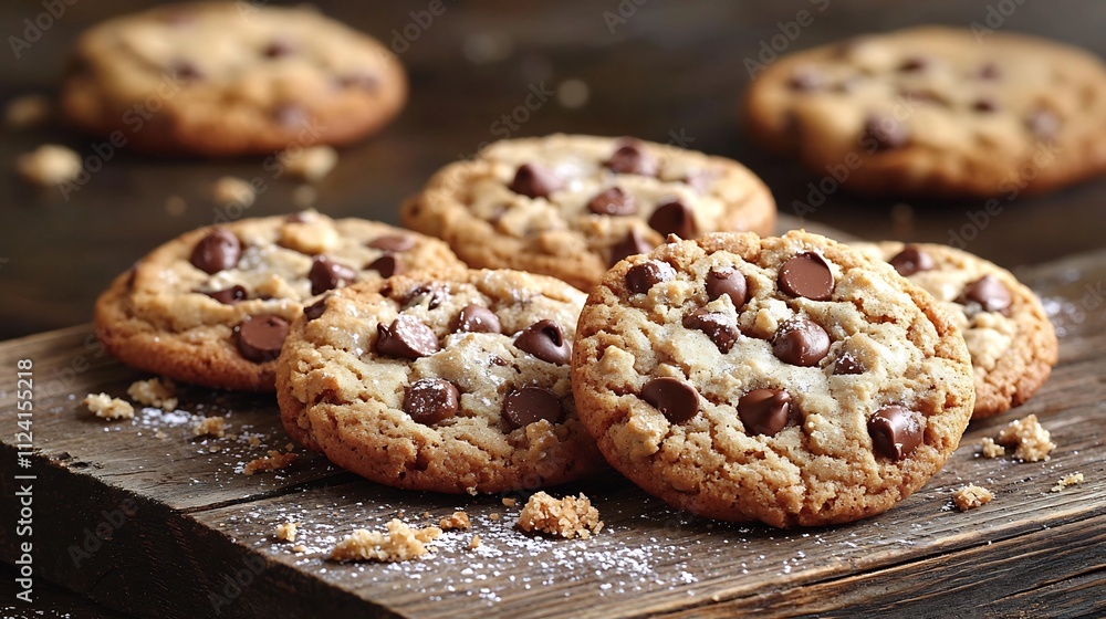 Decadent Homemade Chocolate Chip Cookies with Gooey Centers on Rustic Wood Slab Decadent Homemade Chocolate Chip Cookies with Gooey Centers on Rustic Wood Slab