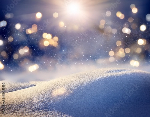Magical winter scene with glittering snow and warm bokeh lights