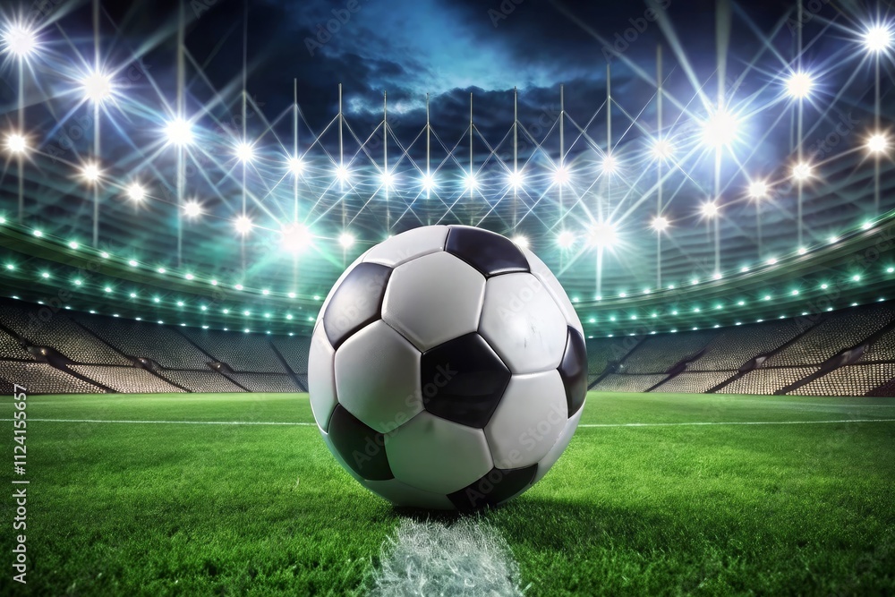 Fototapeta premium Closeup and bottom view of a leather soccer ball in a soccer field stadium illuminated for a night match