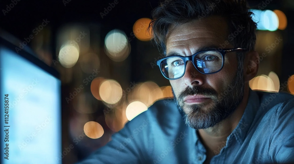A focused man with glasses works intently at a computer, illuminated by soft, colorful lights in a nighttime urban setting. A focused man with glasses works intently at a computer, illuminated by soft, colorful lights in a nighttime urban setting.