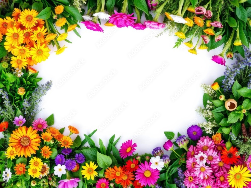 A vibrant display of colorful flowers and lush greenery encircling a white copy space in the middle, copy space, garden, spring A vibrant display of colorful flowers and lush greenery encircling a white copy space in the middle, copy space, garden, spring
