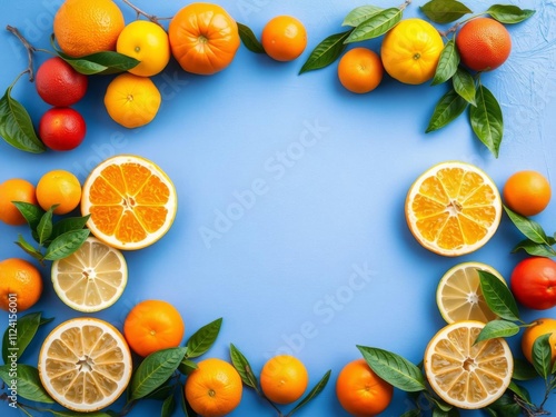 A vibrant banner featuring a frame made of various citrus fruits such as lemons, oranges, and limes, with empty space in the center for text or graphics, frame, citrus fruits, banner photo