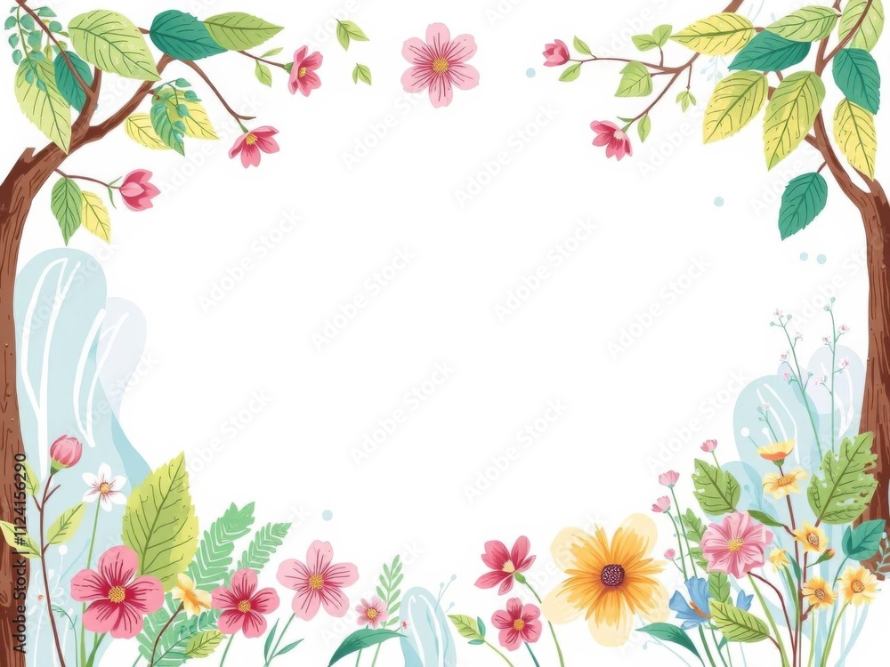 A vibrant nature themed frame with trees, flowers, and water elements ideal for eco friendly designs and illustrations, greeting card with copy space, water elements, designs, eco friendly A vibrant nature themed frame with trees, flowers, and water elements ideal for eco friendly designs and illustrations, greeting card with copy space, water elements, designs, eco friendly