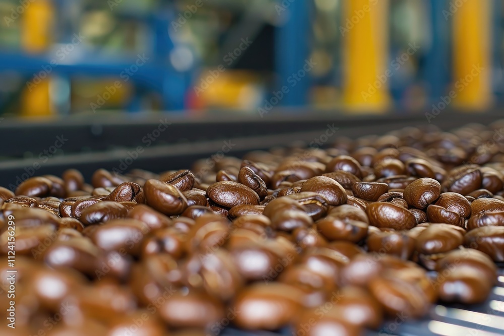 Fototapeta premium A close-up of roasted coffee beans on a conveyor belt in a processing facility, showcasing their rich color and texture.