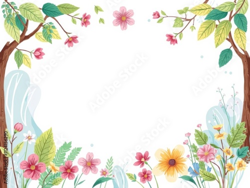 A vibrant nature themed frame with trees, flowers, and water elements ideal for eco friendly designs and illustrations, greeting card with copy space, water elements, designs, eco friendly photo