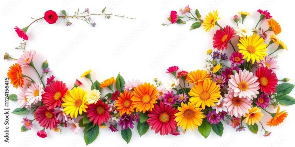 Vibrant frame of blooming flowers on white background with blank space for text, floral, writing, blooming flowers Vibrant frame of blooming flowers on white background with blank space for text, floral, writing, blooming flowers