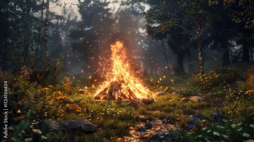 A vibrant campfire flickers amidst a serene forest, surrounded by lush greenery and wildflowers, creating a warm and inviting atmosphere.
