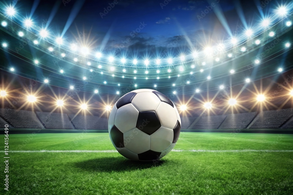 Fototapeta premium Closeup and bottom view of a leather soccer ball in a soccer field stadium illuminated for a night match