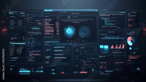 Futuristic digital interface with data visualization, graphs, and charts on multiple screens.