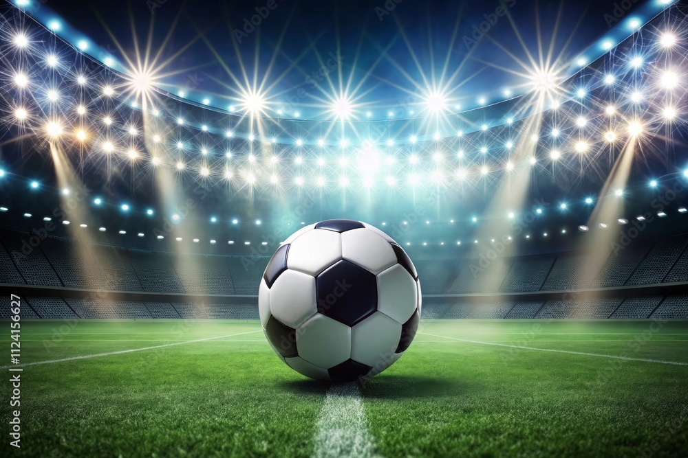Fototapeta premium Closeup and bottom view of a leather soccer ball in a soccer field stadium illuminated for a night match