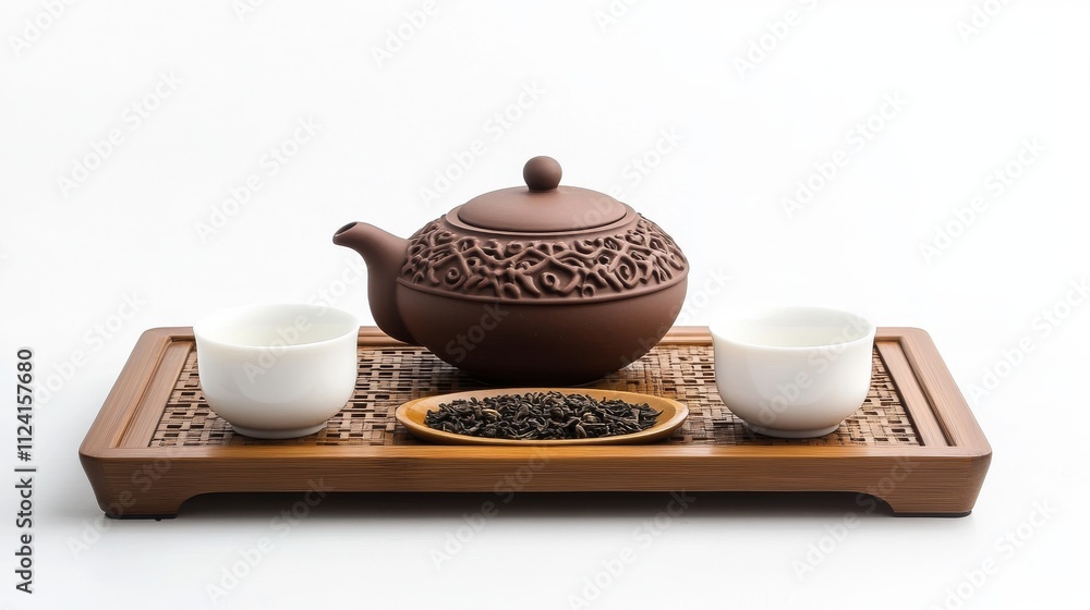 Fototapeta premium A calm Chinese tea set displayed on a wooden tray aga