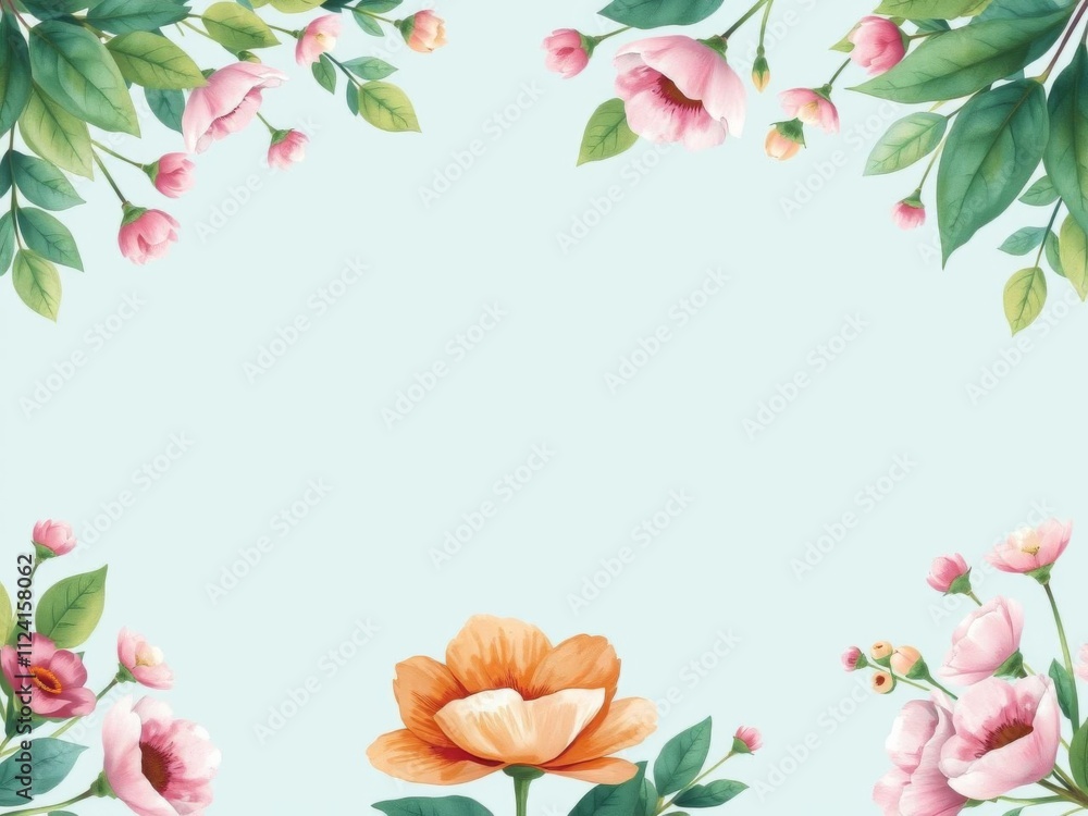 Watercolor painting of delicate pink flowers and lush green leaves on a soft blue backdrop with empty space, painting, light blue, floral Watercolor painting of delicate pink flowers and lush green leaves on a soft blue backdrop with empty space, painting, light blue, floral