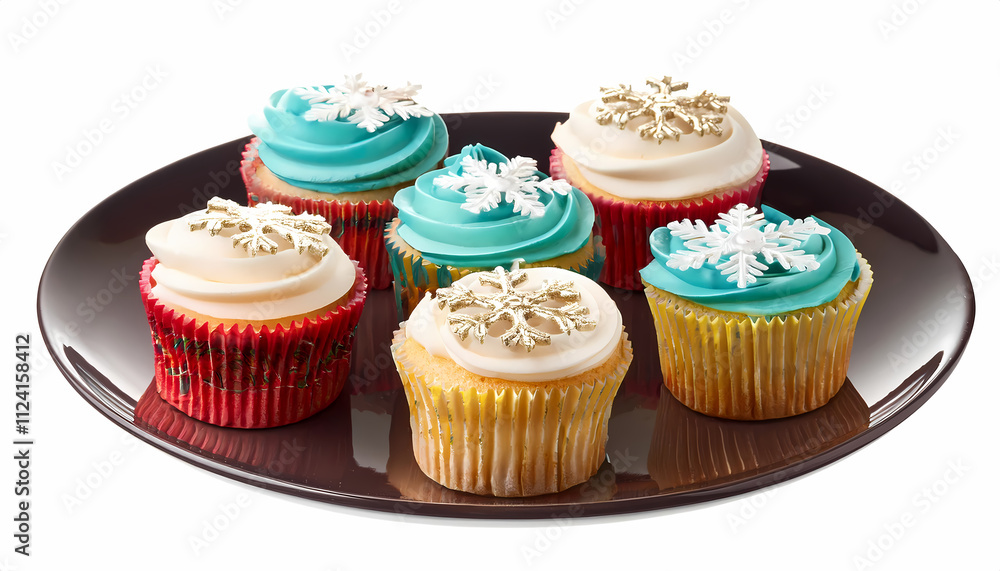 Delicious Winter Wonderland Cupcakes with Snowflake Decoration on Dark Plate Delicious Winter Wonderland Cupcakes with Snowflake Decoration on Dark Plate