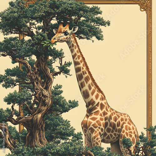 Giraffe eating leaves from a bonsai tree in a golden frame. photo